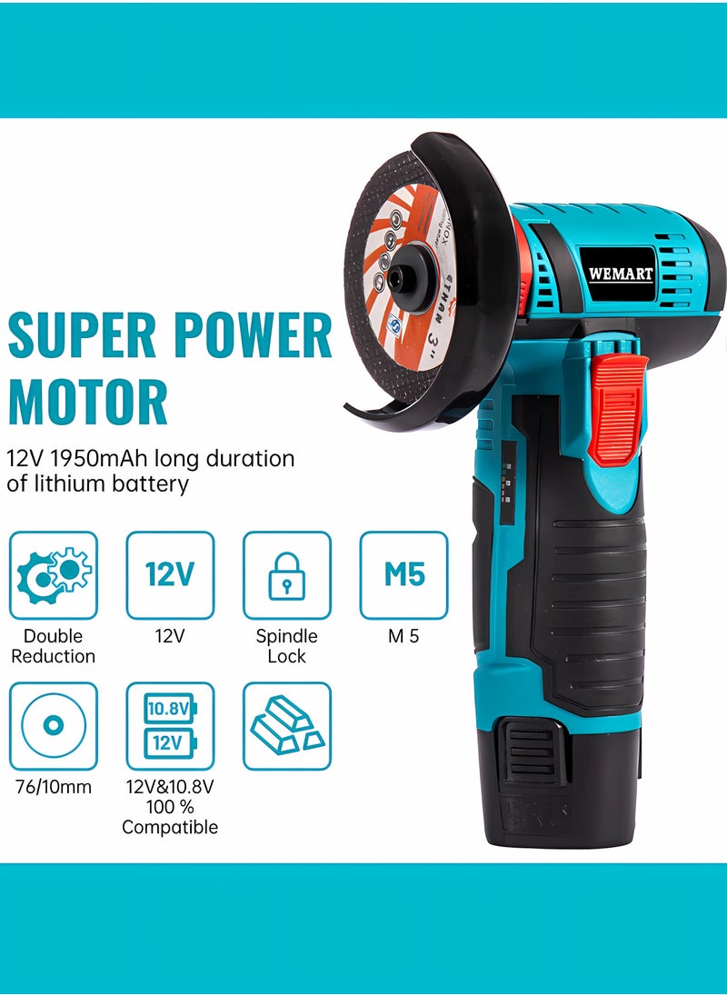 WEMART Angle Grinder,Cordless Grinder,Grinding Wheel 3 inches/76 mm,19500rpm Power Tool,Grinder Tool,Handheld Cutter Comes with 2 12V batteries and Gloves、4 cutting discs  - Image 2