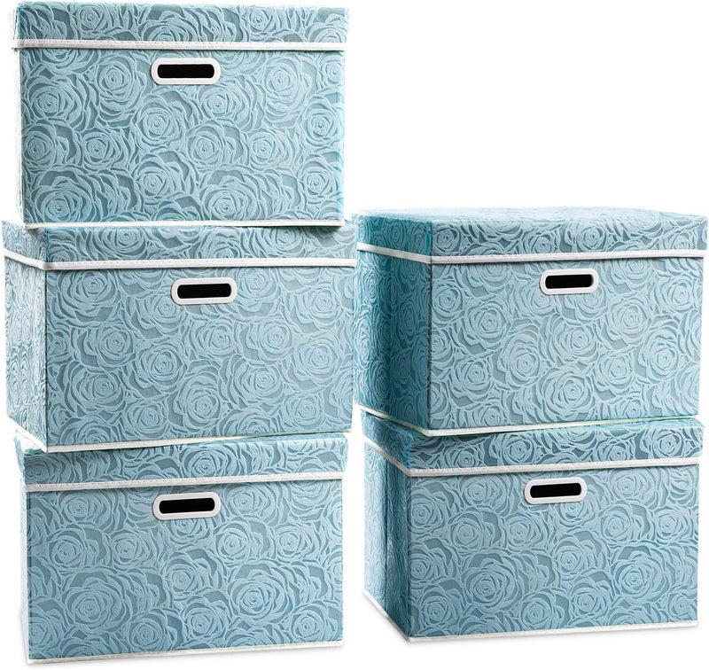 PRANDOM Large Collapsible Storage Boxes with Lids [5-Pack] Fabric Decorative Storage Bins Cubes Organizer Containers Baskets with Cover Handles for Bedroom Closet Nursery Blue 17.5x11.8x11.8 Inch - Image 1