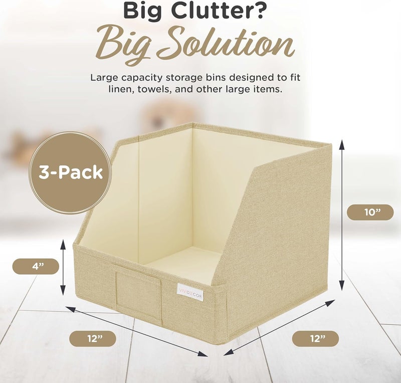 VIVIDECOR Trapezoid Storage Bins – 3-Pack Closet Shelf Organizer & Baskets, Open Front Bin for Shelves, Foldable Fabric Basket for Clothes, Cube Storage Bins, Towel, Clothing Shelf (Beige, 3 Pack) - Image 4