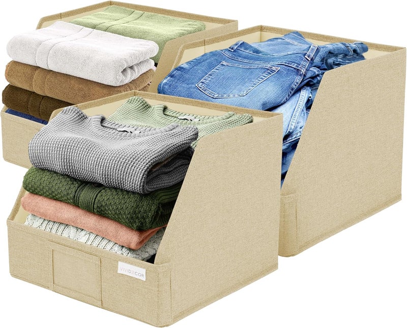 VIVIDECOR Trapezoid Storage Bins – 3-Pack Closet Shelf Organizer & Baskets, Open Front Bin for Shelves, Foldable Fabric Basket for Clothes, Cube Storage Bins, Towel, Clothing Shelf (Beige, 3 Pack) - Image 1