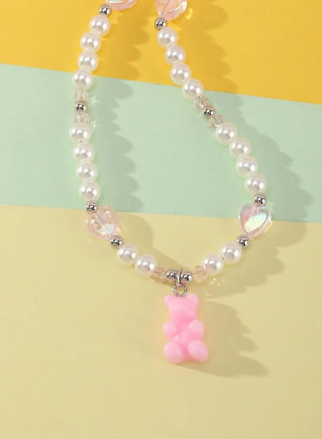 Take Two Girls Multi-Color Bear and Hear Charms Pearl Beaded Necklace