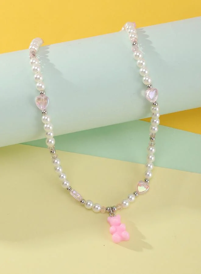 Take Two Girls Multi-Color Bear and Hear Charms Pearl Beaded Necklace