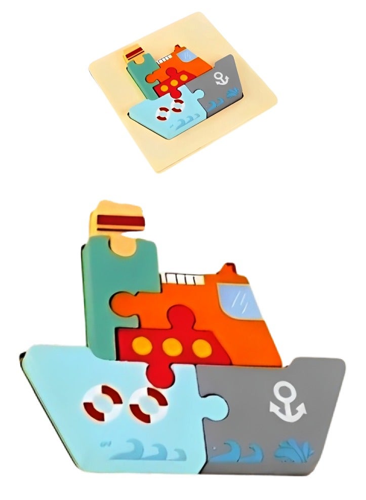 Wooden 3D Jigsaw Puzzle Boat Small Shape for Toddlers, Teacher Parents Early Learning Support Tools, Attractive Colors and Patterns, Montessori Motor and Sensory Skills Develop Toys, Ideal Gift