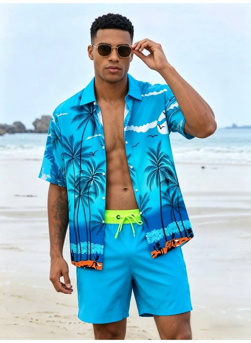 Men's Hawaiian Print Beach Set - Short Sleeve Shirt & Swim Shorts - Image 1