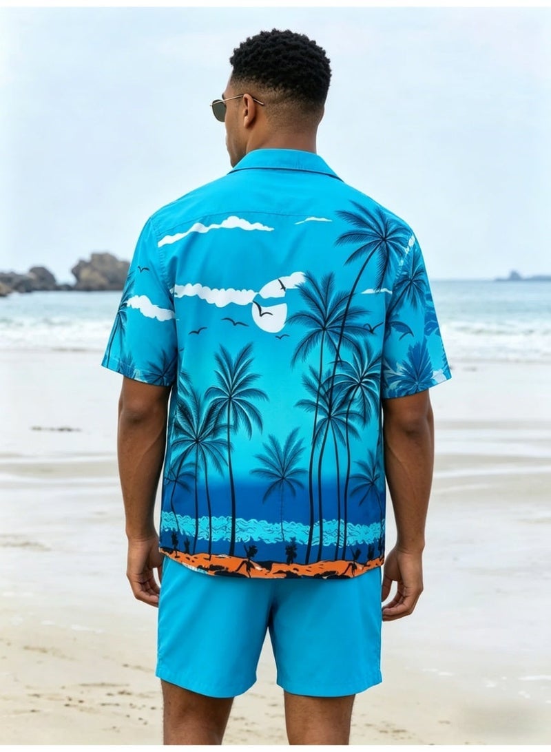 Men's Hawaiian Print Beach Set - Short Sleeve Shirt & Swim Shorts - Image 2
