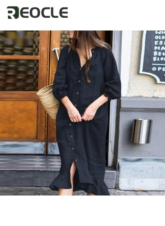 REOCLE Womens Cotton Linen Shirt Dress Button Down Summer Maxi Shirt Dress Midi Dress Casual Loose Maxi Dresses  - Image 3