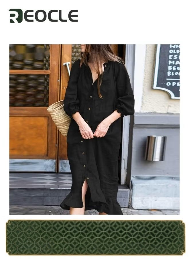 REOCLE Womens Cotton Linen Shirt Dress Button Down Summer Maxi Shirt Dress Midi Dress Casual Loose Maxi Dresses  - Image 1