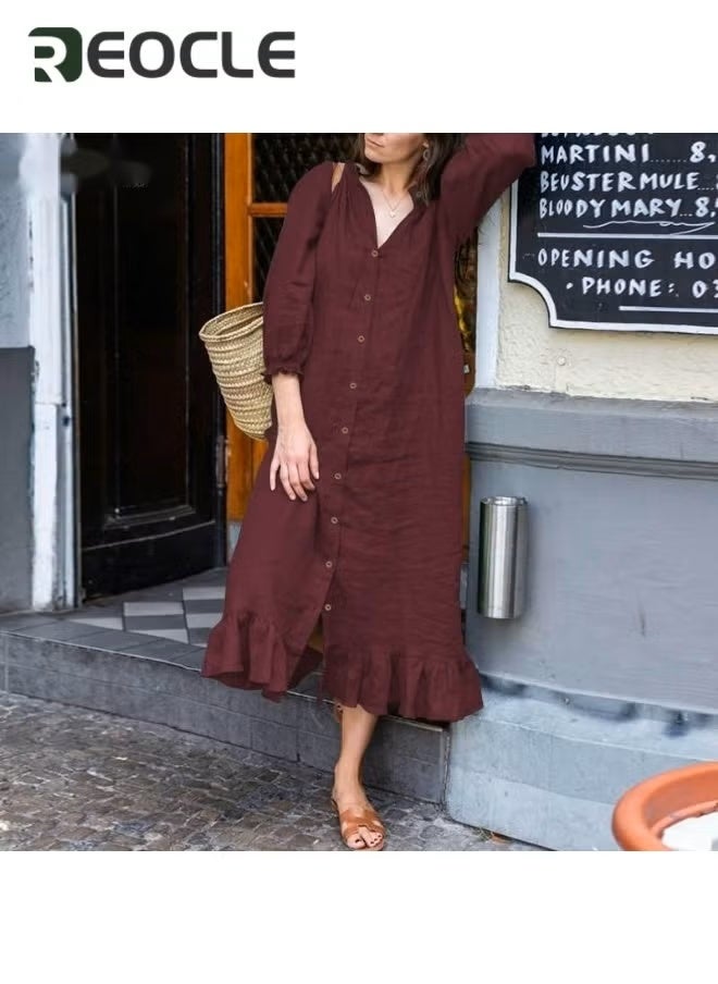 REOCLE Womens Cotton Linen Shirt Dress Button Down Summer Maxi Shirt Dress Midi Dress Casual Loose Maxi Dresses  - Image 2