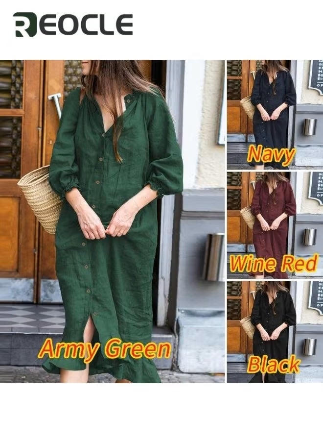 REOCLE Womens Cotton Linen Shirt Dress Button Down Summer Maxi Shirt Dress Midi Dress Casual Loose Maxi Dresses  - Image 4