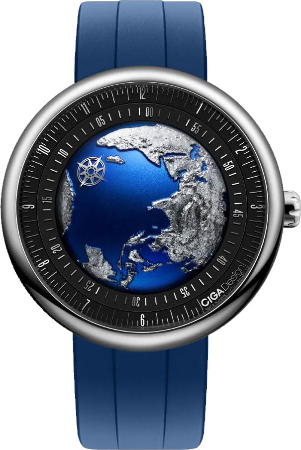 CIGA Design ساعة فاخرة للرجال من CIGA Design Blue Planet، علبة من الفولاذ المقاوم للصدأ، حركة أوتوماتيكية، سوار مطاطي، مقاومة للماء حتى 30M، قرص أزرق، ضمان لمدة 2 سنوات - U033-SU01-W6U - Image 1