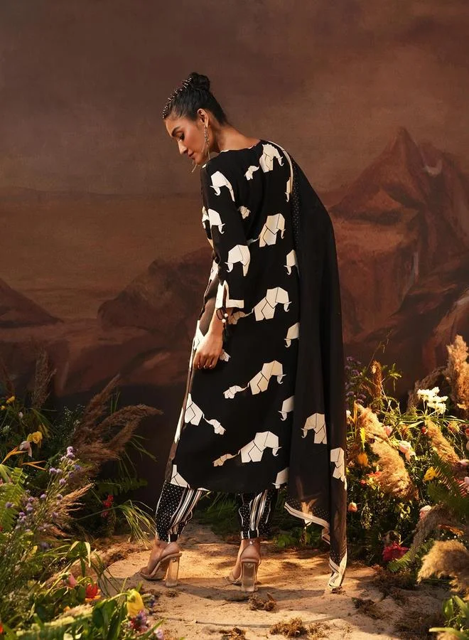 ISHIN Women's Black Rayon Printed Tunic Upper Calf Length Palazzo Bottom Straight Fit 3 Peice Kurta Set