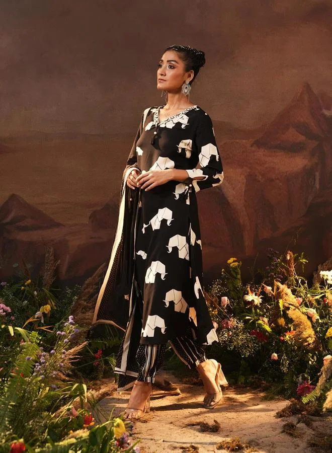 ISHIN Women's Black Rayon Printed Tunic Upper Calf Length Palazzo Bottom Straight Fit 3 Peice Kurta Set