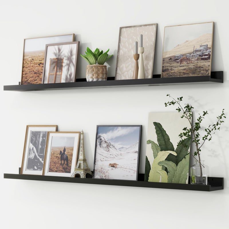 FLYJOE رف صور عائم مجموعة من 2 بطول 48 بوصة رفوف كبيرة لحضانة تخزين الألعاب رف كتب للأطفال مثبت على الحائط لتزيين غرفة المعيشة أو غرفة النوم إطارات الصور باللون الأسود