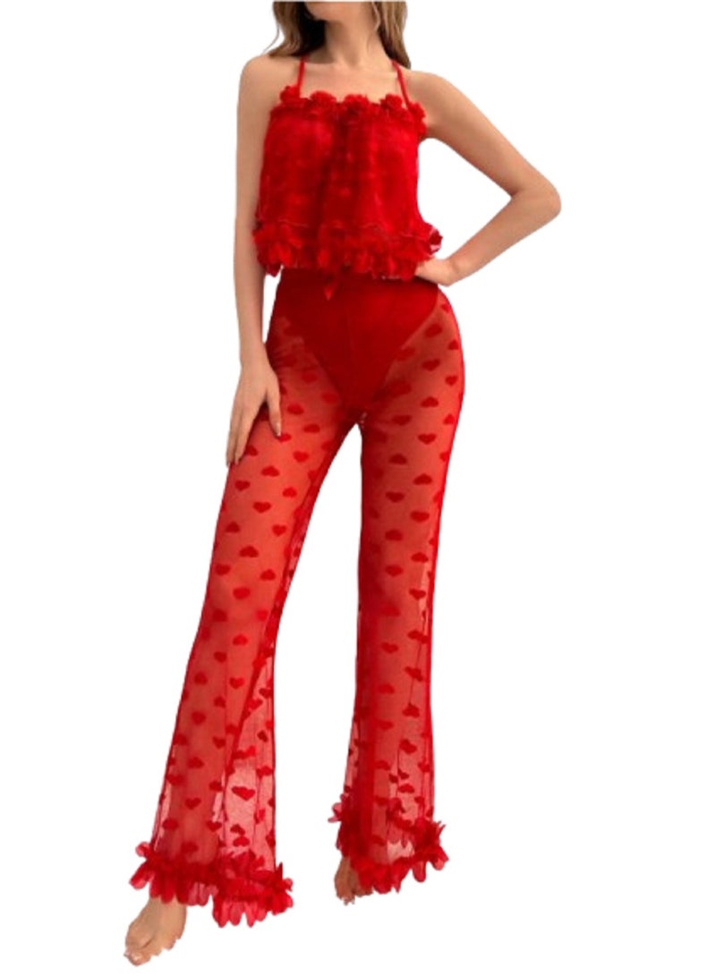 Women's Pajama Set with Wide-Legged Pants Ruffled Blouse and Thin Straps and Heart Print  - Image 1