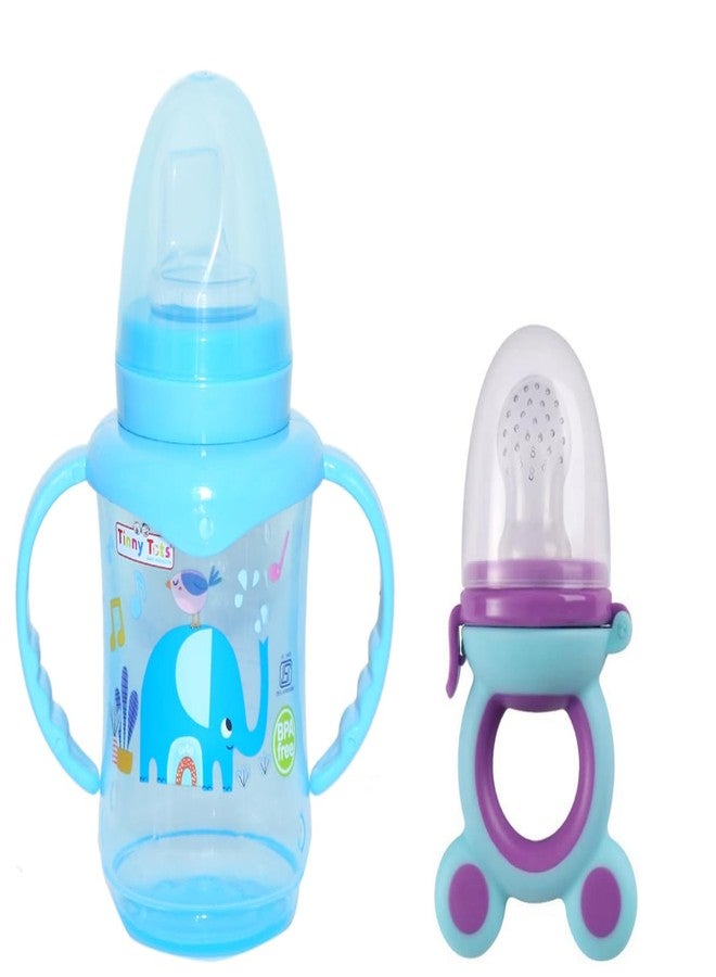 Alya Baby Feeding Sipper Unbreakable Plastic Bottle Cup/Mug Learning Sippy BPA Free with Baby Fruit Silicone Food Teether BPA Free (Blue) - Image 1