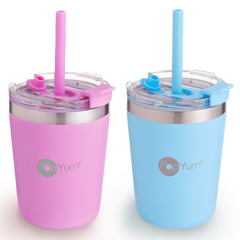 PopYum 9oz Insulated Stainless Steel Kidsâ€™ Cups with Lid and Straw, 2-Pack, Blue, Pink, stackable, sippy, baby, child, toddler, tumbler, double wall, vacuum, leak proof - Image 1