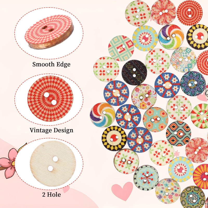 Cobee 100 Pcs Multicolor Vintage Wooden Buttons, Round, 1.5cm (0.59 inch), Assorted Floral Patterns, Ideal for Sewing, Knitting, Crocheting & Scrapbooking - Image 4