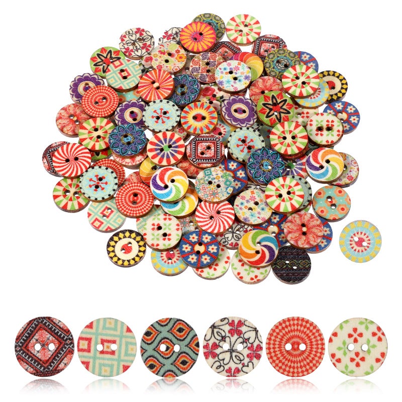 Cobee 100 Pcs Multicolor Vintage Wooden Buttons, Round, 1.5cm (0.59 inch), Assorted Floral Patterns, Ideal for Sewing, Knitting, Crocheting & Scrapbooking - Image 1