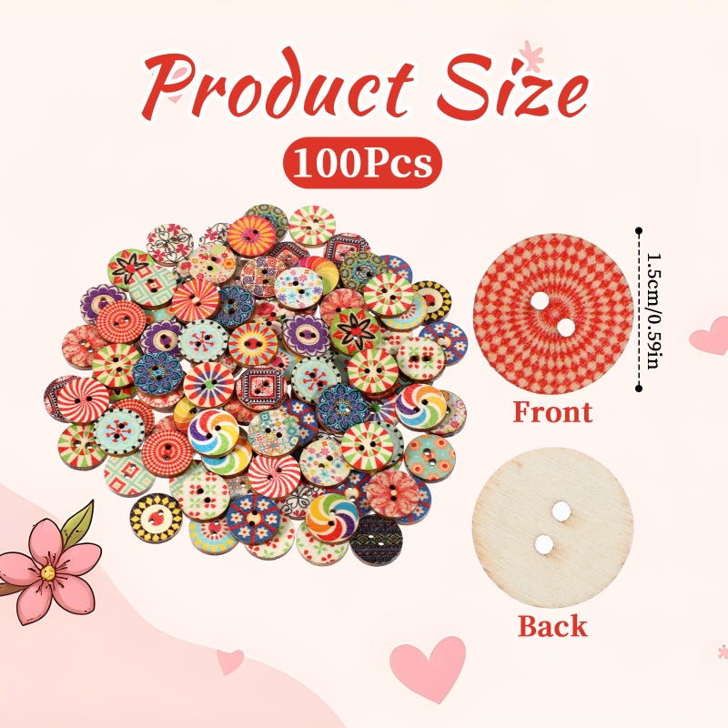 Cobee 100 Pcs Multicolor Vintage Wooden Buttons, Round, 1.5cm (0.59 inch), Assorted Floral Patterns, Ideal for Sewing, Knitting, Crocheting & Scrapbooking - Image 3