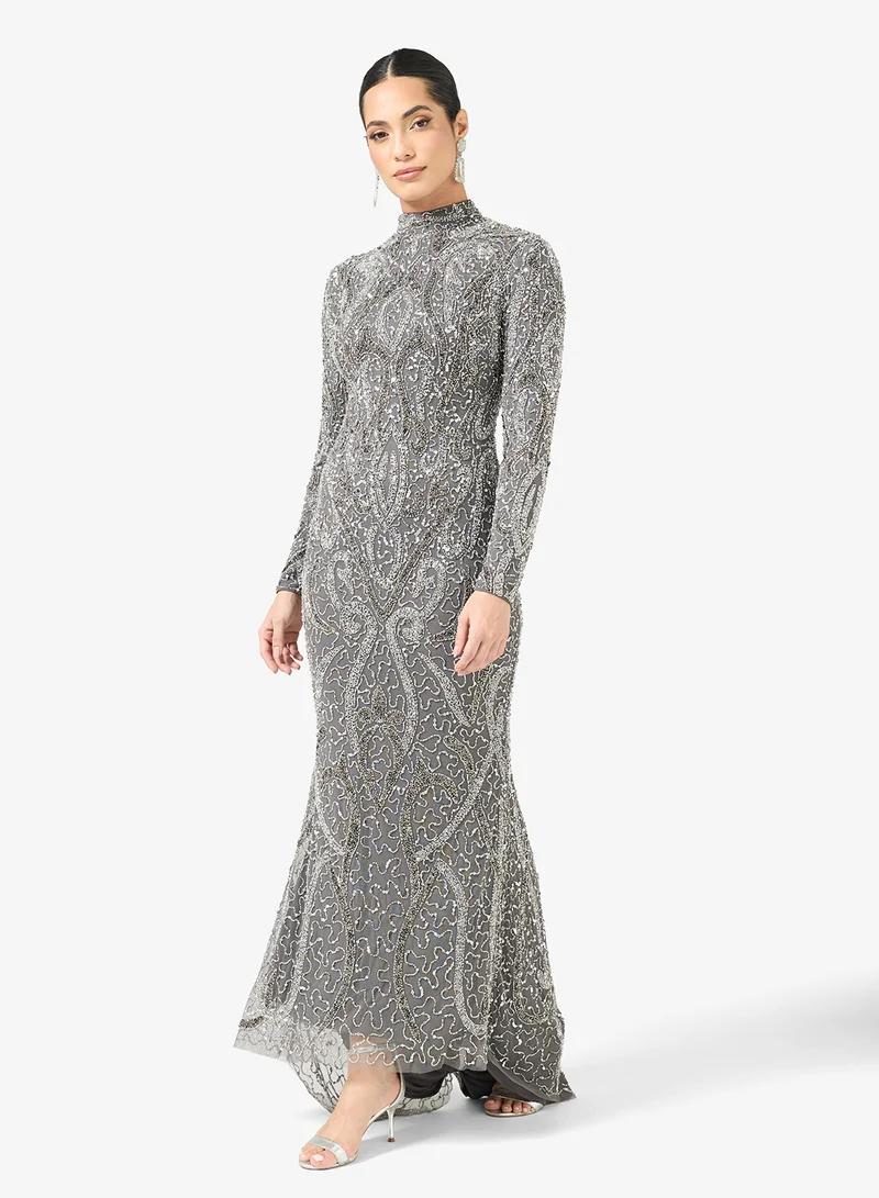 Embellished Sequin Modest Long Sleeve Maxi Dress