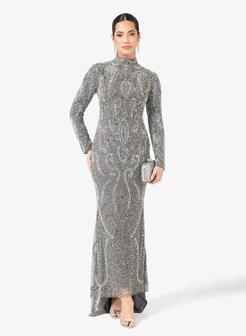 MARYISA Embellished Sequin Modest Long Sleeve Maxi Dress - Image 4