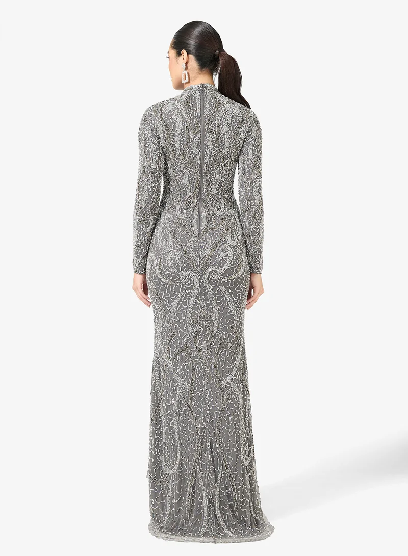 MARYISA Embellished Sequin Modest Long Sleeve Maxi Dress