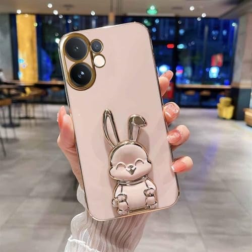 KC Back Cover for Vivo V60 5G / V60e 5G / Vivo T4 Pro 5G Hidden Rabbit Folding Bracket Kickstand Electroplated Soft Silicone Camera Protection Case - Pink - Image 4