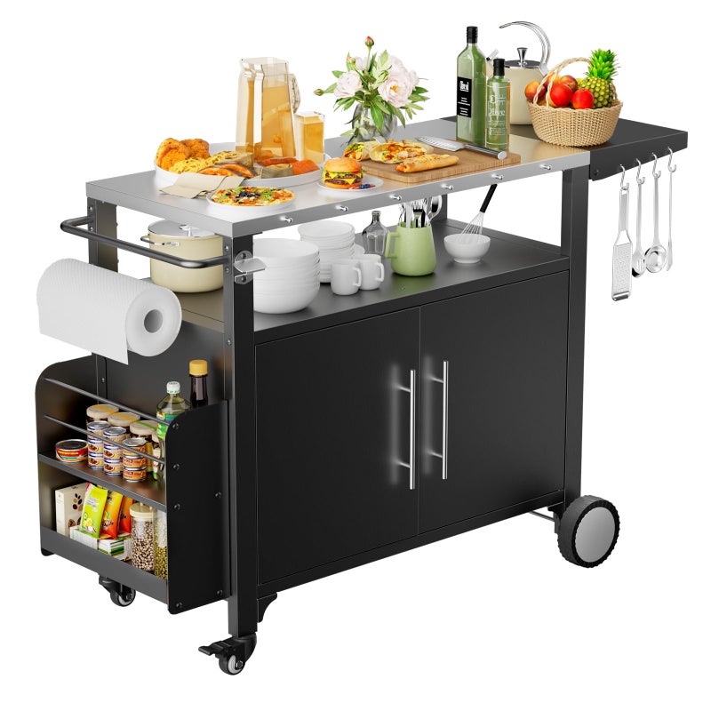 ROOMTEC Outdoor Grill Cart with StoragePatio Kitchen Island with WheelsHooks and Spice RackWaterproof Outdoor Grill TableMovable BBQ Serving Cart Rolling Bar Cart for Home Party Bar