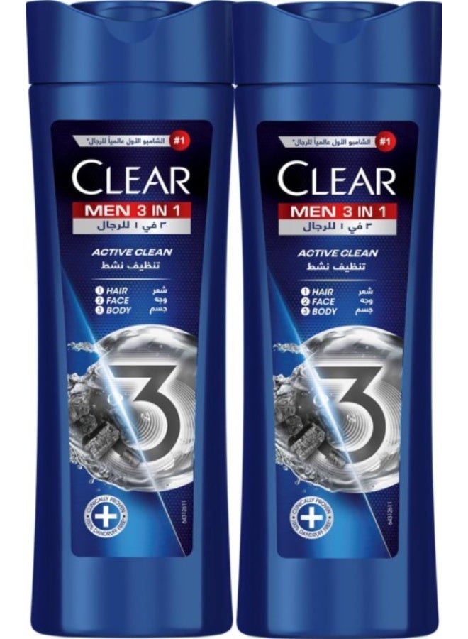 كلير مين شامبو كلير مين كومبليت كير 3 في 1 للشعر والوجه والجسم مع الفحم النشط لشعر خالٍ من القشرة بنسبة 100% وبشرة رطبة، عبوة من قطعتين، 400 مل، أبيض - Image 1