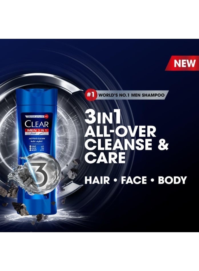 كلير مين شامبو كلير مين كومبليت كير 3 في 1 للشعر والوجه والجسم مع الفحم النشط لشعر خالٍ من القشرة بنسبة 100% وبشرة رطبة، عبوة من قطعتين، 400 مل، أبيض - Image 2
