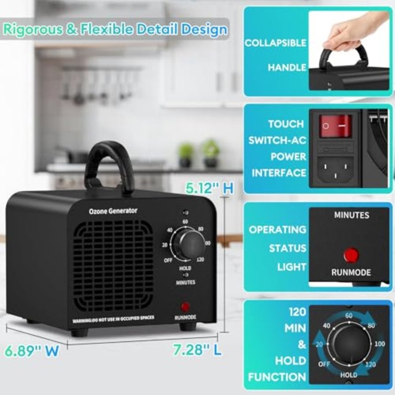 Ozone Generator 60000mg/h for Car and Room Odor Removal, Black Metal Air Purifier with High-Capacity O3 Deodorization - Image 3