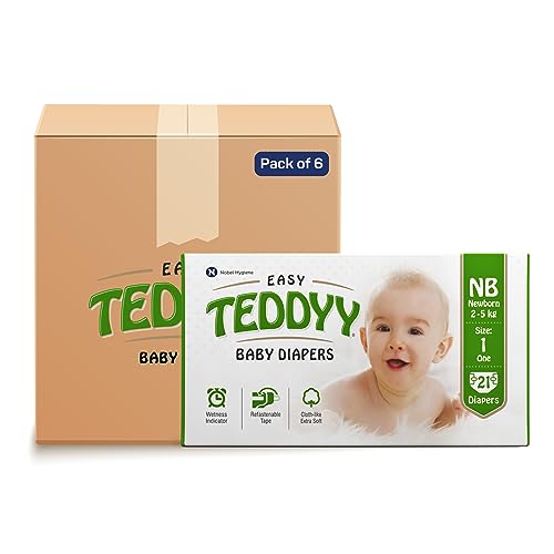 Teddyy حفاضات تيدي للأطفال حديثي الولادة سهلة الاستخدام 126 قطعة، 2-5 كجم، امتصاص طويل الأمد، مضادة للطفح الجلدي (21 قطعة، عبوة من 6) - Image 1
