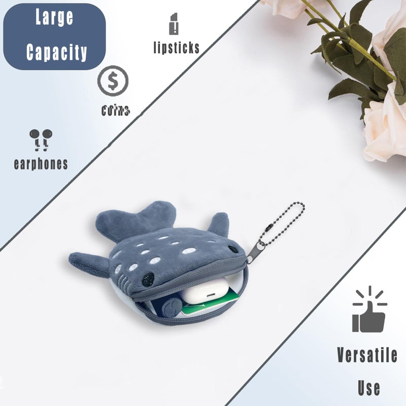 YTYAB Whale Shark Coin Purse Keychain,Cute Plush Change Purse with Zipper Keychain,Kawaii Handmade Coin Pouches for Women (Blue&Gray) - Image 5