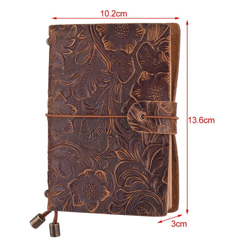 Vintage Full Grain Leather Refillable Travel Journal Notebook Diary Embossed Flower Pattern Daily Notepad Cover with Elastic Strap for Men & Women Gift - Image 4