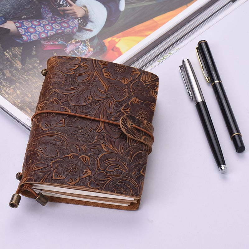 Vintage Full Grain Leather Refillable Travel Journal Notebook Diary Embossed Flower Pattern Daily Notepad Cover with Elastic Strap for Men & Women Gift - Image 2