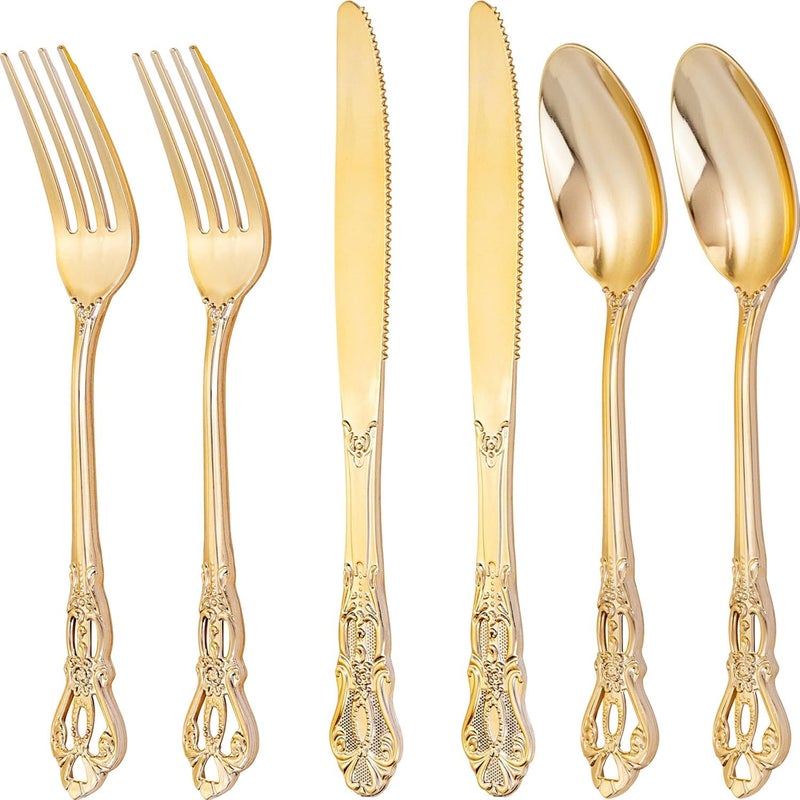 Joyido 300Pieces Gold Plastic Silverware Heavy Duty Gold Disposable Utensils Vintage Plastic Cutlery Set Includes 100 Forks 100 Spoons 100 Knives for Dinner Parties Weddings