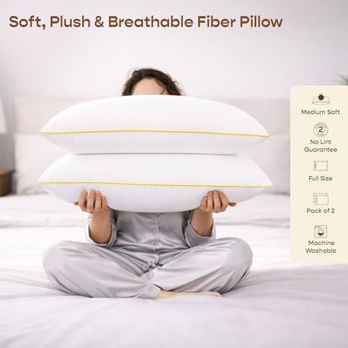 SleepyCat Fiber Lite Pillow | Full Size Poly Fiber Medium Soft Pillow | 2 Year No Lint Guaranteed | 110 TC Micro-Peach Fabric | Luxe Feel | Machine Washable Pillow | White, Set of 2 (27x17 Inches) - Image 3