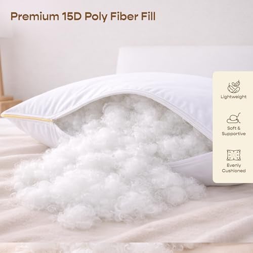 SleepyCat Fiber Lite Pillow | Full Size Poly Fiber Medium Soft Pillow | 2 Year No Lint Guaranteed | 110 TC Micro-Peach Fabric | Luxe Feel | Machine Washable Pillow | White, Set of 2 (27x17 Inches) - Image 4