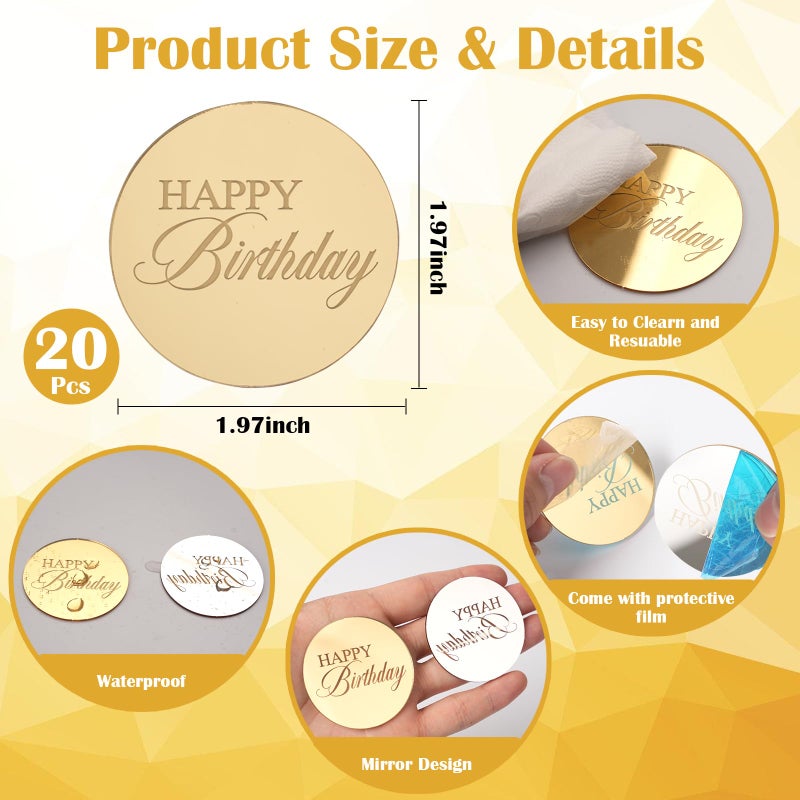 Wolpark 20pcs Gold Mirror Acrylic Happy Birthday Cupcake Toppers Round Engraved Cake Picks Happy Birthday Cake Toppers for DIY Birthday Gift Flower Bouquet Pastries Desserts Decor - Image 2