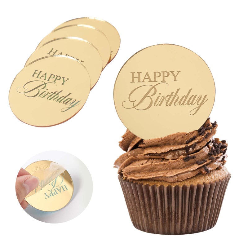 Wolpark 20pcs Gold Mirror Acrylic Happy Birthday Cupcake Toppers Round Engraved Cake Picks Happy Birthday Cake Toppers for DIY Birthday Gift Flower Bouquet Pastries Desserts Decor - Image 1