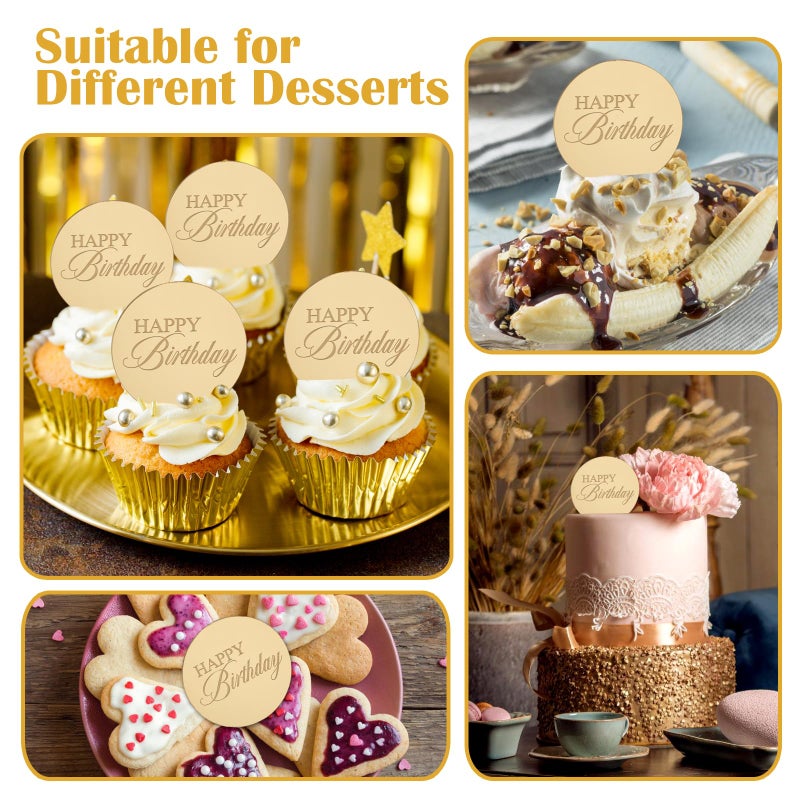 Wolpark 20pcs Gold Mirror Acrylic Happy Birthday Cupcake Toppers Round Engraved Cake Picks Happy Birthday Cake Toppers for DIY Birthday Gift Flower Bouquet Pastries Desserts Decor - Image 4