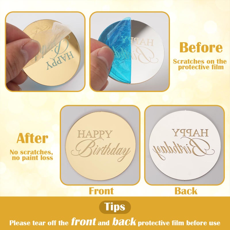 Wolpark 20pcs Gold Mirror Acrylic Happy Birthday Cupcake Toppers Round Engraved Cake Picks Happy Birthday Cake Toppers for DIY Birthday Gift Flower Bouquet Pastries Desserts Decor - Image 3
