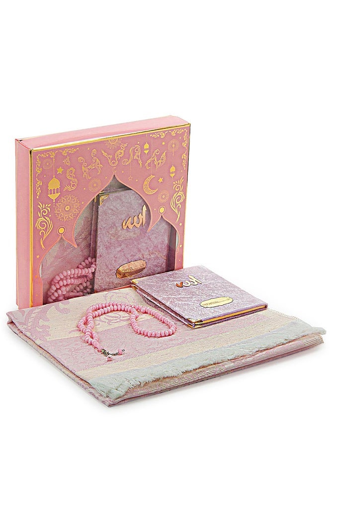 I PRAYER GIFT SET FOR MEN WOMEN MUSLIM TAFFETA PRAYER RUG SALAH MAT BEADS ROSARY VELVET COVERED YASEEN ISLAMIC GIFT SET FOR RAMADAN EID PINK