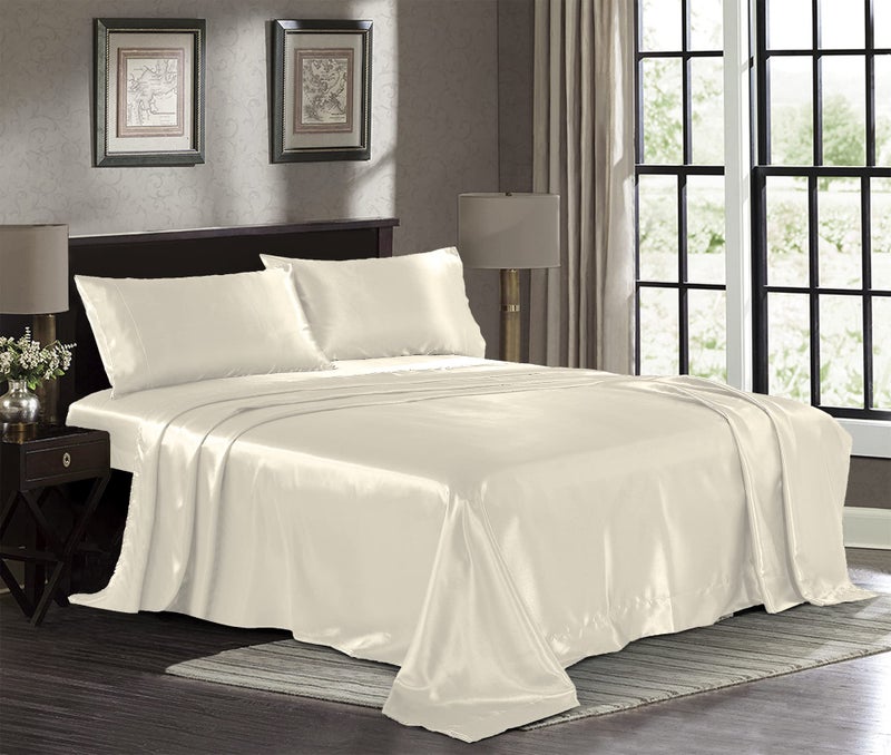 Pure Bedding Satin Sheets Queen 4Piece Ivory Hotel Luxury Silky Bed Sheets  Extra Soft 1800 Microfiber Sheet Set Wrinkle Fade Deep Pocket Fitted Sheet Flat Sheet Pillow Cases