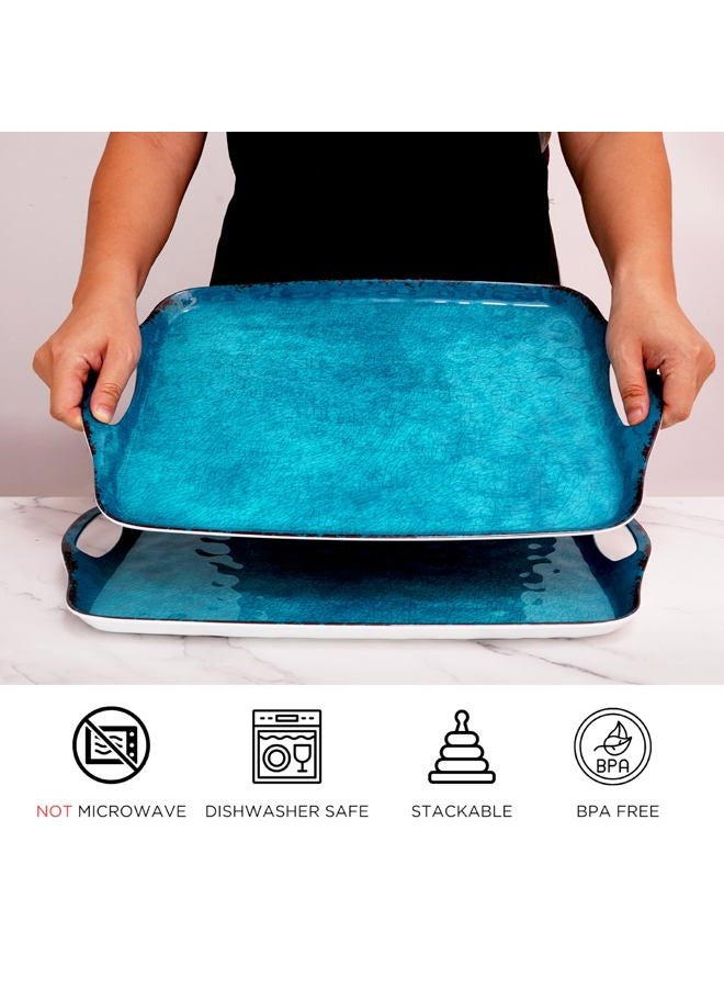 TP Serving Trays with Handles, 17 Inch Large Rectangular Melamine Serving Platter Set of 2, Retro Teal - Image 2