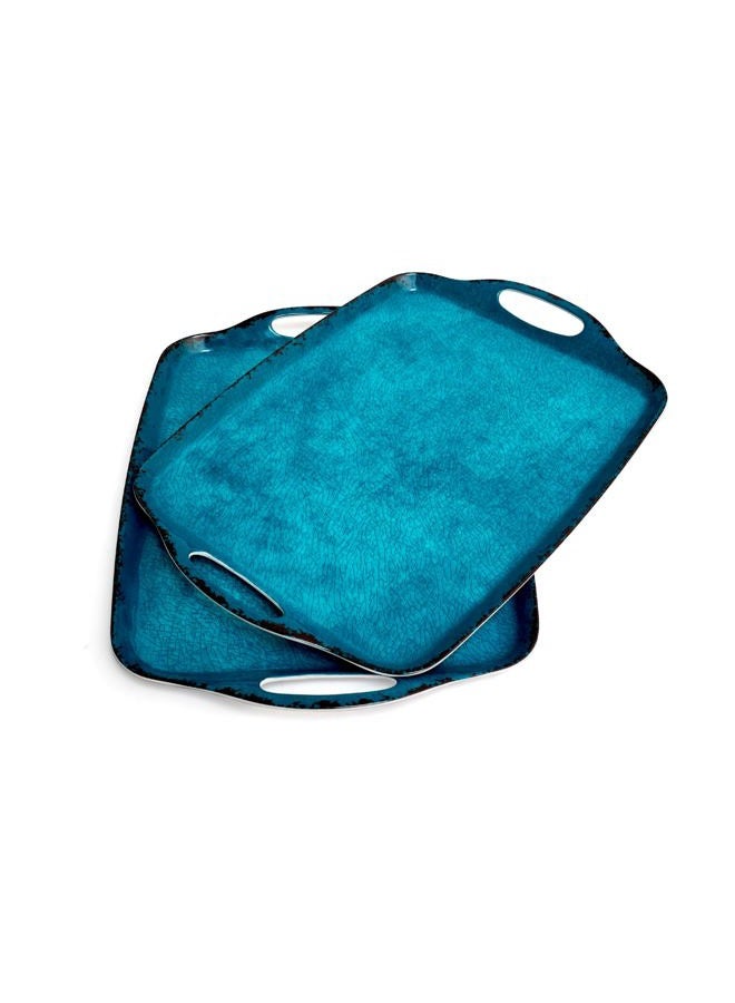 TP Serving Trays with Handles, 17 Inch Large Rectangular Melamine Serving Platter Set of 2, Retro Teal - Image 1