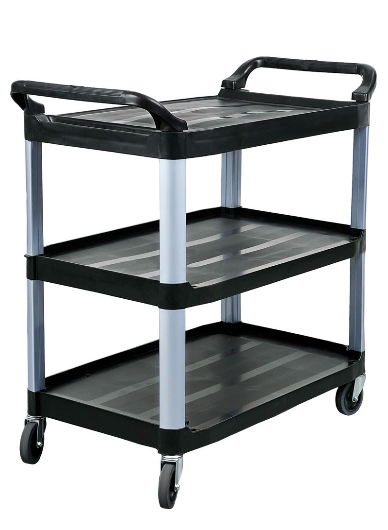 3-Tier Rolling Utility Cart | Service Trolley Suitable For Kitchens, Catering Halls, Food Service, Hotels, & Homes | 360-Degree Rotating Swivel Wheels | Plastic Matte Finish | Black - Image 1