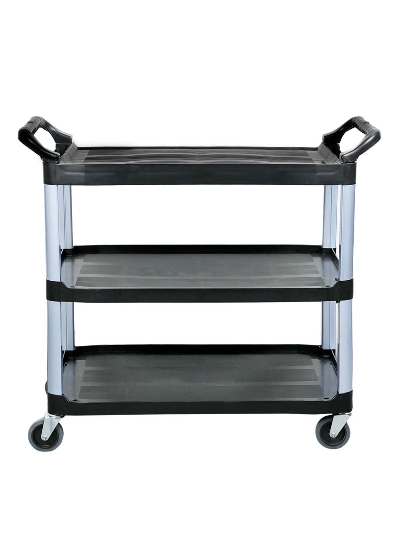 3-Tier Rolling Utility Cart | Service Trolley Suitable For Kitchens, Catering Halls, Food Service, Hotels, & Homes | 360-Degree Rotating Swivel Wheels | Plastic Matte Finish | Black - Image 2