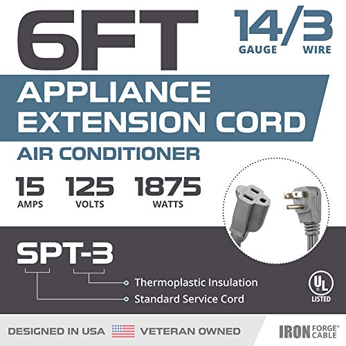 Iron Forge Cable 6 ft Appliance Extension Cord Gray 14/3 Heavy Duty - Flat Plug & Flat Cable 15 Amp 3 Prong SPT-3 for Major Home Appliances, 14 AWG - Image 2