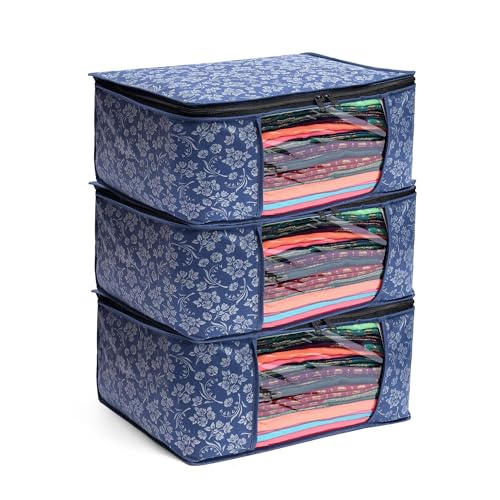 LAXIS® Saree Covers With Zip Non-Woven Printed Saree Cover/Saree Organizer For Wardrobe/Cloth Storage With Transparent Window/Saree Bags Storage/Clothes Organizer (Blue- Pack of 3) - Image 1